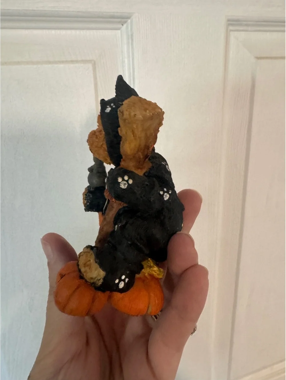 Hand-Painted Bear Figurine in Halloween Costume with Pumpkin and Broom